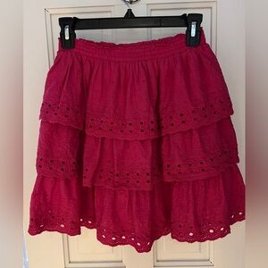HOUSE OF HARLOW Eyelet Tirered Skirt Fuchsia Hot Pink Elastic Waist EUC